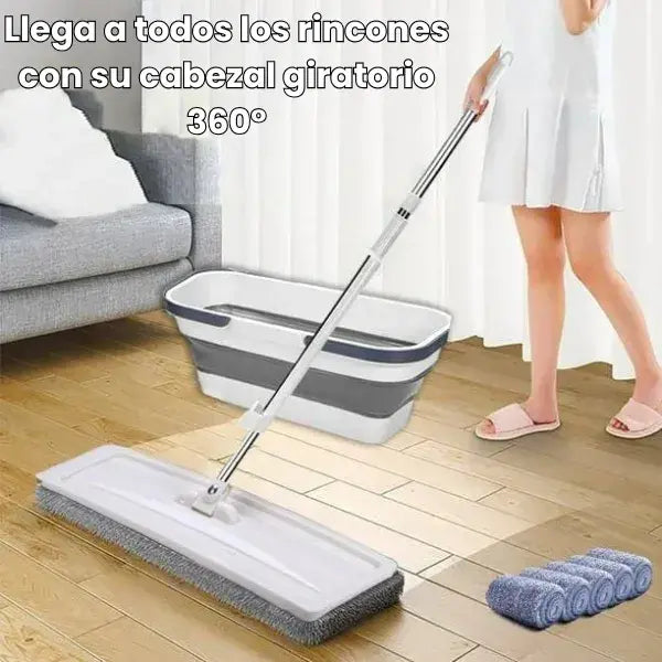 Trapeador de autoescurrido con balde plegable + 2 paños de fibra absorbentes gratis 🎁