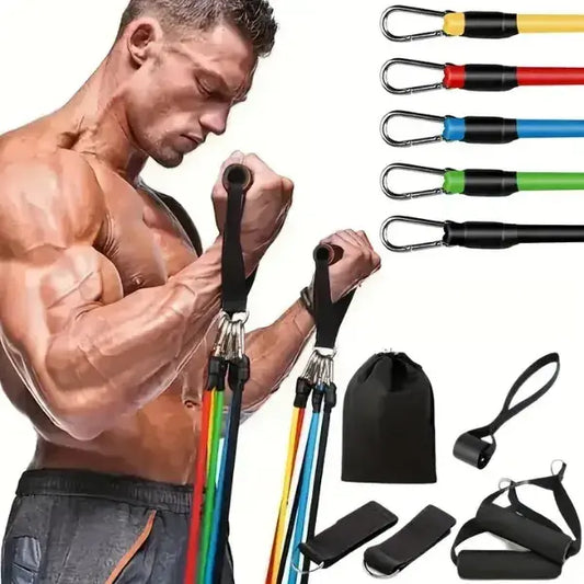 Kit de fitness para hombre | Incluye 5 ligas tubulares + 5 accesorios + 🎁bolsa para transporta gratis
