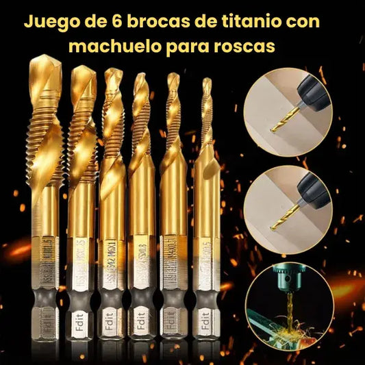 Juego de 6 brocas de titanio con machuelo para roscas