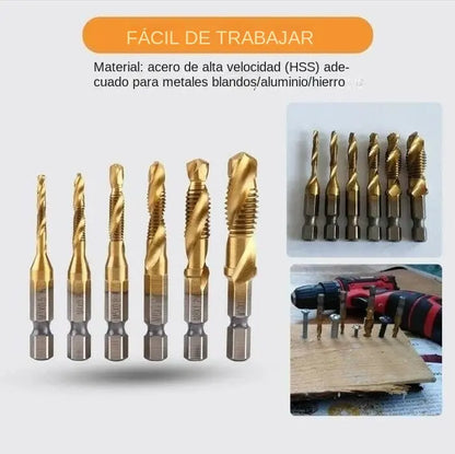 Juego de 6 brocas de titanio con machuelo para roscas