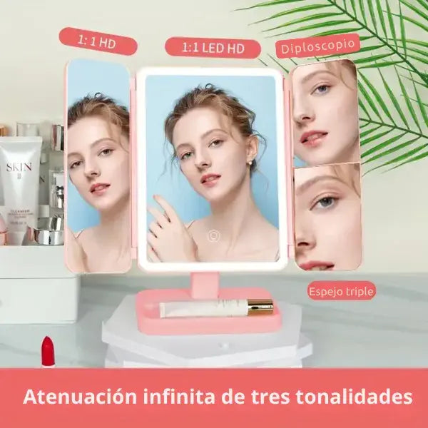 Espejo triple de maquillaje con luz led