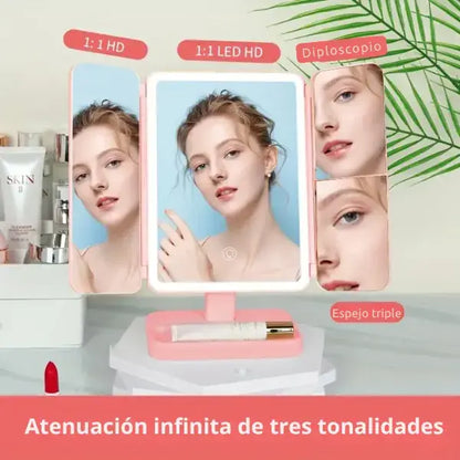Espejo triple de maquillaje con luz led
